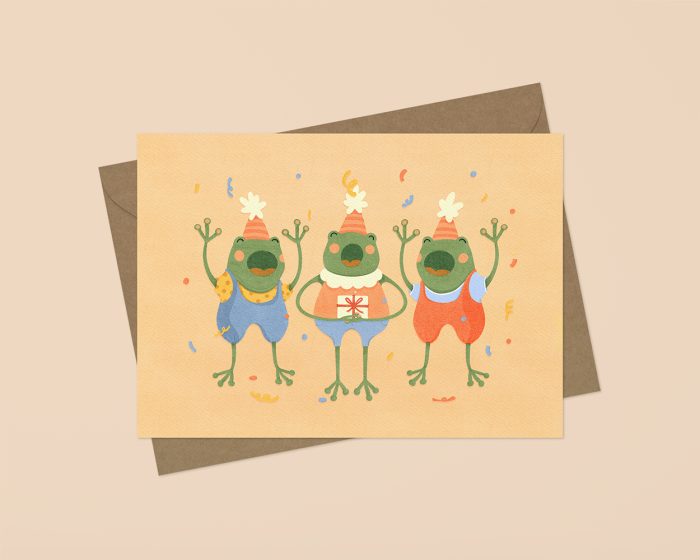 Frogs Happy Birthday Greeting Card by Iskra Tsoneva, Flickers and Lines Illustration